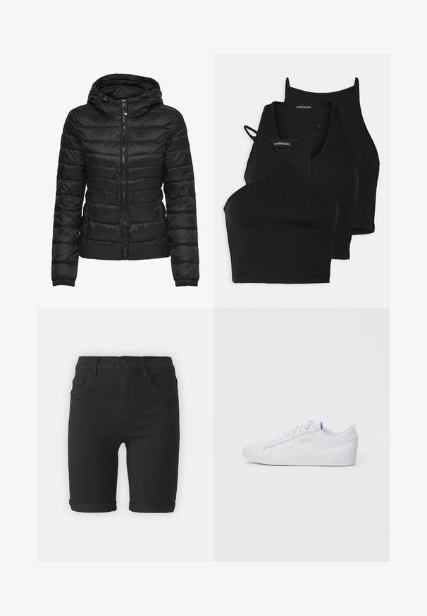 Chaqueta de plumas negra con capucha, con un diseño acolchado y cierre de cremallera. Tejido suave y brillante con puños elásticos. Cálida y ligera.; Top cortos negros en tela suave y elástica con tirantes delgados y diseño entrelazado. Presenta un escote redondeado y terminado sin costuras.; Pantalones cortos de mezclilla negra con corte recto, con dobladillos enrollados, bolsillos frontales y cierre de botón. Textura suave y diseño minimalista.; Zapatilla baja blanca de Puma con cierre de cordones en la parte delantera, un logo sutil en el lado y la suela, y una parte superior de material sintético suave para uso casual.