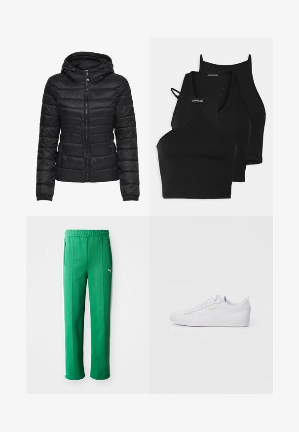 Svart pufferjacka med huva, med ett quiltat mönster och dragkedjestängning. Mjukt, glänsande tyg med elastiska ärmslut. Varm och lätt.; Svarta korta toppar i mjukt, stretchigt tyg med tunna remmar och ett korskorsdesign. Har en rundad halsringning och sömlös finish.; Gröna träningsbyxor med en texturerad yta, elastiskt midjeband, sidofickor och vita sidostreck. Logotyp synlig på framsidan.; Vita låg-top Puma sneaker med snörning fram, subtil logotyp på sidan och sulan, samt en slät syntetisk ovandel för avslappnat bruk.