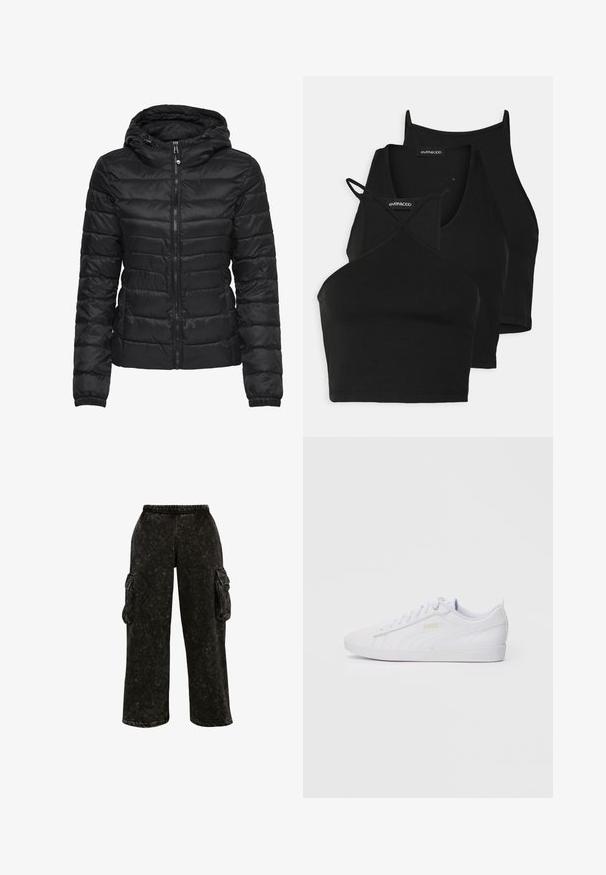 Čierna puffová bunda s kapucňou, s prešívaným dizajnom a zipsom. Mäkka, lesklá látka s elastickými manžetami. Teplá a ľahká.; Čierne skrátené tričká z mäkkého, elastického materiálu s tenkými ramienkami a prekríženým dizajnom. Obsahuje zaoblený výstrih a hladké zakončenie.; Čierne cargo nohavice s textúrovaným povrchom, elastickým pásom a bočnými vreckami. Vynikajú široké nohavice a voľný strih.; Biele nízkopriehnuté tenisky Puma s šnurovaním vpredu, decentným brandingom na boku a podošve a hladkým syntetickým zvrškom, ideálne na príležitostné nosenie.