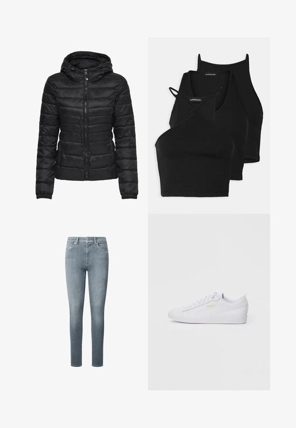 Crna puffer jakna s kapuljačom, s kvadratnim dezenom i zatvaračem. Mekani, sjajni materijal s elastičnim manžetama. Topla i lagana.; Crni skraćeni topovi od mekog, rastezljivog materijala s tankim trakama i dizajnom u obliku križa. Imaju zaobljeni izrez i bezšavnu obradu.; Uske uski jeansi uske uske u obliku uskoj ravnomjernog jeansa od mekog, svijetlo plavog denima. Ima pet džepova, zatvarač na rajsferšlus, i petlje za remen, s glatkom teksturom i minimalnim izbljeđivanjem.; Bijele niske Puma tenisice s vezanjem sprijeda, suptilnim brendingom sa strane i na đonu, te glatkim sintetičkim gornjim dijelom za svakodnevno nošenje.