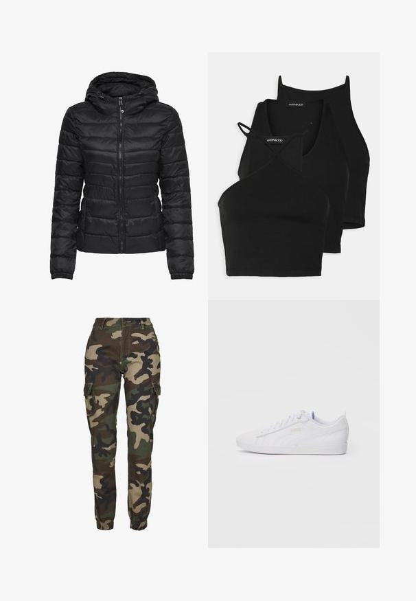 Mustat puffatakkia, jossa on huppu, ja siinä on tikattu muotoilu sekä vetoketjukiinnitys. Pehmeä, kiiltävä kangas, jossa on elastiset hihansuut. Lämmin ja kevyt.; Mustat lyhyet topit pehmeästä ja joustavasta kankaasta, jossa on ohuet hihnat ja ristikkäinen muotoilu. Ominaisuuksiin kuuluu pyöreä pääntie ja saumaton viimeistely.; Vihreissä, ruskeissa ja mustissa sävyissä olevat kamouflage-housut; sisältävät elastiset hihnat, sivutaskut ja turvallisen napin sulkemisen.; Valkoinen matalakorkoinen Puma-tenniskenkä, jossa on nyöritys edessä, hienovarainen brändäys sivuilla ja pohjassa, sekä sileä synteettinen päällinen rentoon käyttöön.