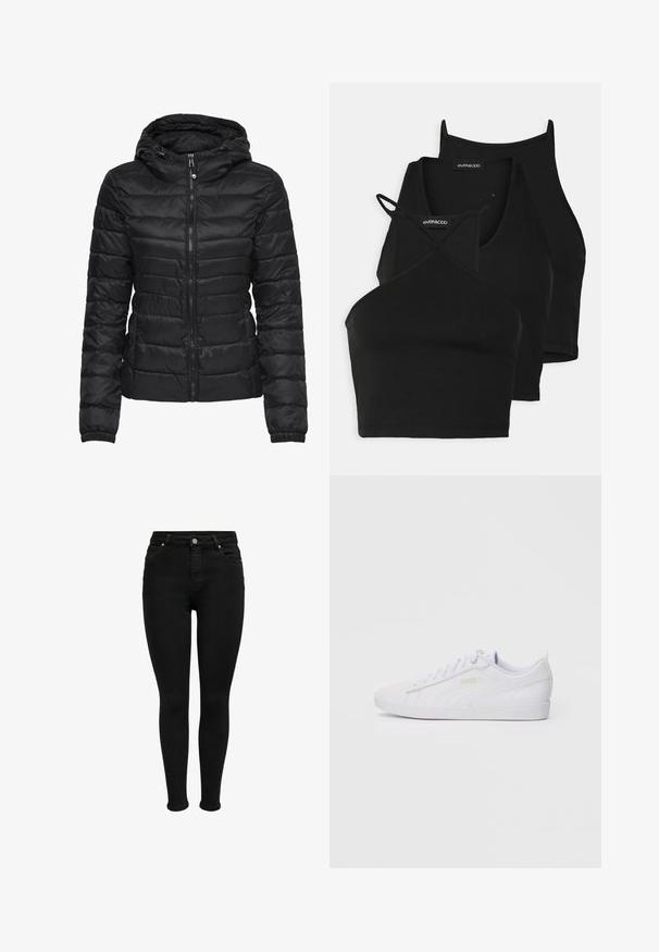 Jachetă puffer neagră cu glugă, cu un design matlasat și închidere cu fermoar. Material moale și lucios, cu manșete elastice. Călduroasă și ușoară.; Topuri negre scurte dintr-un material moale și elastic, cu bretele subțiri și un design în cruce. Prezintă un decolteu rotund și finisaj fără cusături.; Jeans skinny negri cu talie înaltă, cu nasture frontal, bucle pentru brâu și design cu cinci buzunare, prezentate pe un fundal alb.; Adidași Puma albi, cu vârf jos, cu șireturi în față, branding subtil pe lateral și pe talpă, și un material sintetic neted, ideali pentru purtarea de zi cu zi.