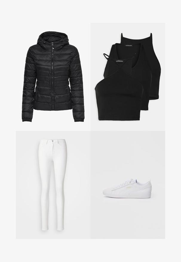 Mustat puffatakkia, jossa on huppu, ja siinä on tikattu muotoilu sekä vetoketjukiinnitys. Pehmeä, kiiltävä kangas, jossa on elastiset hihansuut. Lämmin ja kevyt.; Mustat lyhyet topit pehmeästä ja joustavasta kankaasta, jossa on ohuet hihnat ja ristikkäinen muotoilu. Ominaisuuksiin kuuluu pyöreä pääntie ja saumaton viimeistely.; Valkoiset tiukat farkut, jotka on valmistettu joustavasta puuvillasekoitekankaasta. Niissä on etutaskut, vetoketjukiinnitys ja yksi nappilukko.; Valkoinen matalakorkoinen Puma-tenniskenkä, jossa on nyöritys edessä, hienovarainen brändäys sivuilla ja pohjassa, sekä sileä synteettinen päällinen rentoon käyttöön.