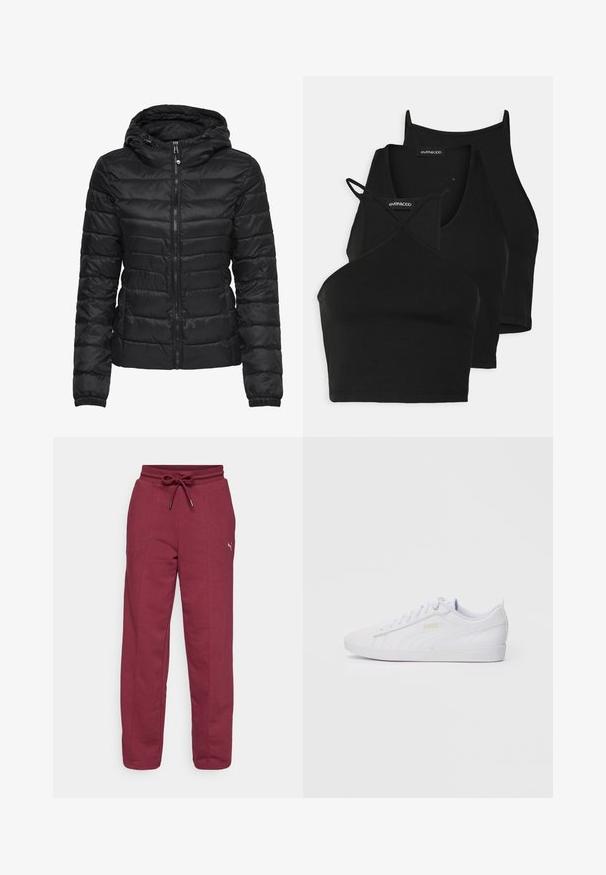 Zwarte pufferjack met een capuchon, met een gestikt ontwerp en ritssluiting. Zacht, glanzend stof met elastische manchetten. Warm en licht van gewicht.; Zwarte, cropped tops van zachte, elastische stof met dunne bandjes en een kruisdesign. Heeft een ronde halslijn en naadloze afwerking.; Bordeaux sweatpants met elastische tailleband, verstelbare trekkoord, zijnaad en een klein logo-accent op de linkerdij. Zachte katoenmix.; Witte lage Puma sneakers met gevlochten veters, subtiele branding aan de zijkant en onderzijde, en een gladde synthetische bovenkant voor casual gebruik.