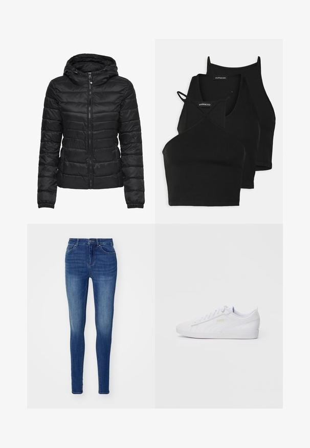 Casaco puffer preto com capuz, apresentando um design acolchoado e fecho de correr. Tecido macio e brilhante com punhos elásticos. Quente e leve.; Top cropped preto em tecido macio e elástico, com alças finas e um design cruzado. Apresenta um decote arredondado e acabamento sem costuras.; Jeans skinny em denim azul com uma textura suave, design de cinco bolsos e fecho com botão. Apresenta áreas desbotadas para um aspecto usado.; Sapatilha baixa branquíssima da Puma com atacadores na parte da frente, uma discreta marcação na lateral e na sola, e um cabedal liso em sintético para uso casual.