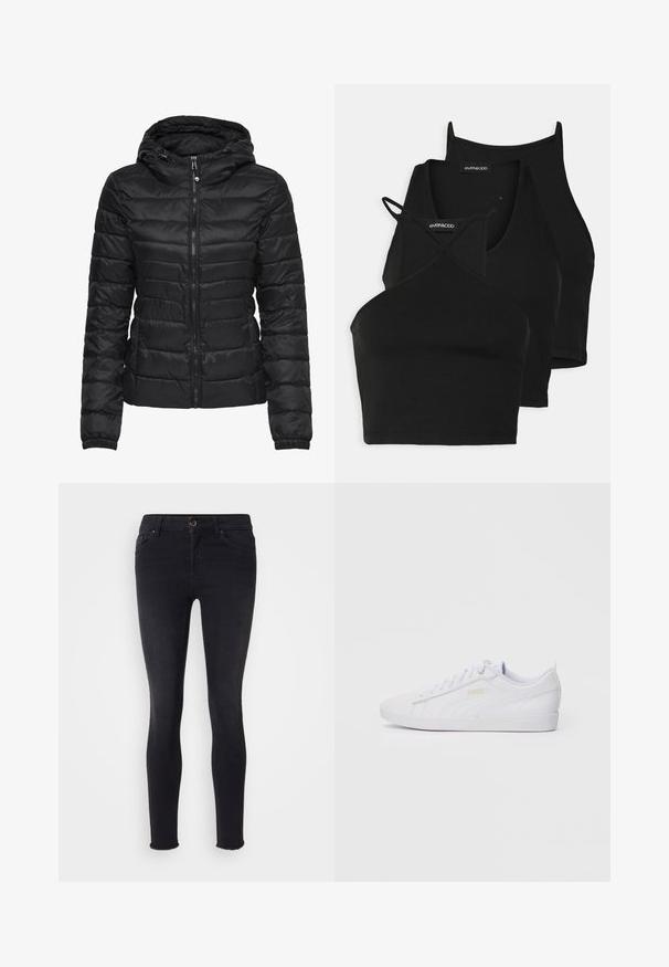 Černá péřová bunda s kapucí, s prošívaným vzorem a zapínáním na zip. Měkká, lesklá tkanina s elastickými manžetami. Teplá a lehká.; Černé zkrácené topy z měkkého, pružného materiálu s tenkými ramínky a křížovým designem. Mají zaoblený výstřih a bezproblémové zakončení.; Černé skinny džíny vyrobené z denimové látky, s středně vysokým pasem, předními kapsami a surovým lemem na kotníkách. Klasický pětikapsový design.; Bílé nízké tenisky Puma s šněrováním vpředu, jemným logem na boku a podrážce a hladkým syntetickým svrškem pro volnočasové nošení.