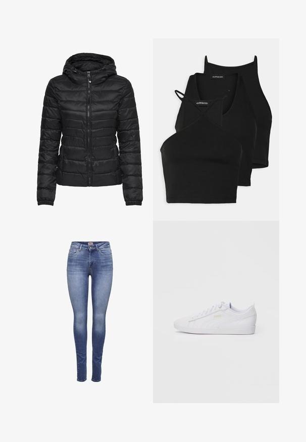 Casaco puffer preto com capuz, apresentando um design acolchoado e fecho de correr. Tecido macio e brilhante com punhos elásticos. Quente e leve.; Top cropped preto em tecido macio e elástico, com alças finas e um design cruzado. Apresenta um decote arredondado e acabamento sem costuras.; Jeans femininos slim fit azuis com lavagem desbotada, bolsos frontais, fecho de botão e passadores para cinto.; Sapatilha baixa branquíssima da Puma com atacadores na parte da frente, uma discreta marcação na lateral e na sola, e um cabedal liso em sintético para uso casual.
