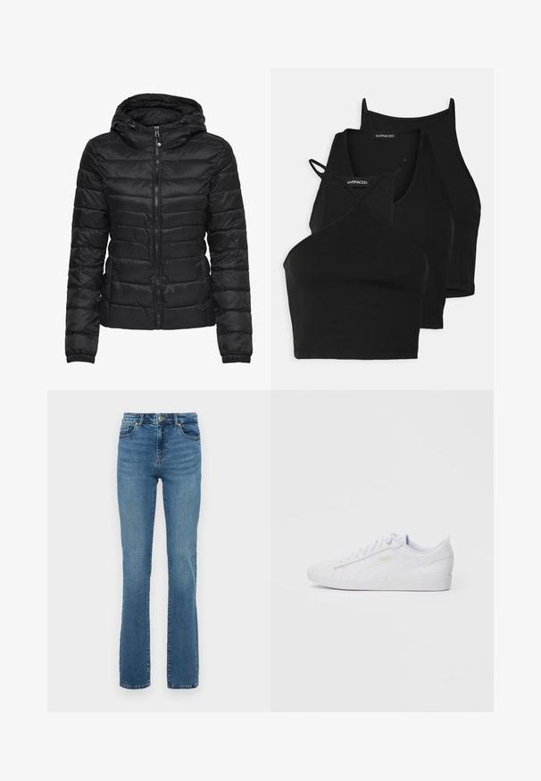 Must musta jope kapuutsiga, millel on tikandiga disain ja lukuga sulgemine. Pehme, läikiv kangas elastsete mansettidega. Soe ja kerge.; Mustad lühikesed topid pehmest, venivast kangast õhukeste rihmadega ja ristuvate elementidega. Omab ümarat kaelust ja õmblusteta viimistlust.; Sinine kõrge vöökoht ja sirge säärega teksapüksid, ees nupuga ja tõmblukuga, viie tasku disain ja õrn kulumine reitel ja põlvedel.; Valged madalad Puma tossud, mis on varustatud nööridega esiosas, diskreetse brändingu ka külgedel ja tallal ning sujuva sünteetilise ülemise osaga igapäevaseks kandmiseks.