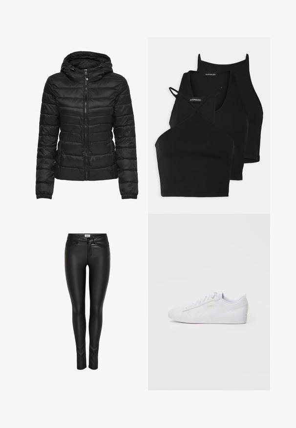 Fekete puffertakó kapucnival, steppelt mintával és cipzáras záródással. Puha, fényes anyag, elasztikus mandzsettákkal. Meleg és könnyű.; Fekete, rövidített felsők puha, ruganyos anyagból vékony pántokkal és keresztbe fonott kivágással. Lekerekített nyakkivágással és varrás nélküli kidolgozással rendelkezik.; Fekete, slim-fit, műbőr nadrág elülső gombbal, cipzárral és övhurkokkal, fehér háttér előtt bemutatva.; Fehér, alacsony szárú Puma sneaker, fűzős elülső résszel, diszkrét logóval az oldalon és a talpon, sima szintetikus felsőrésszel, amely laza viselethez készült.