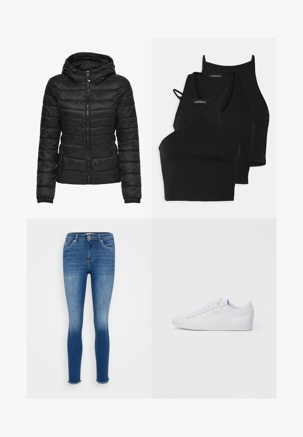 Crna puffer jakna s kapuljačom, s kvadratnim dezenom i zatvaračem. Mekani, sjajni materijal s elastičnim manžetama. Topla i lagana.; Crni skraćeni topovi od mekog, rastezljivog materijala s tankim trakama i dizajnom u obliku križa. Imaju zaobljeni izrez i bezšavnu obradu.; Užene traperice uskog kroja u plavoj boji s blagim izbljeđivanjem na bedrima i sirovim, rastrganim rubovima na gležnjevima, s prednjim džepovima i zakopčavanjem na gumb.; Bijele niske Puma tenisice s vezanjem sprijeda, suptilnim brendingom sa strane i na đonu, te glatkim sintetičkim gornjim dijelom za svakodnevno nošenje.