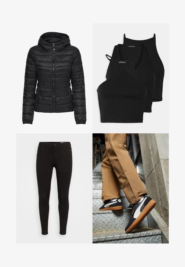 Jachetă puffer neagră cu glugă, cu un design matlasat și închidere cu fermoar. Material moale și lucios, cu manșete elastice. Călduroasă și ușoară.; Topuri negre scurte dintr-un material moale și elastic, cu bretele subțiri și un design în cruce. Prezintă un decolteu rotund și finisaj fără cusături.; Jeans negri skinny din denim de bumbac elastic, cu un design clasic cu cinci buzunare și închidere cu nasture.; Adidași din suede negri și gri cu accente albe și tălpi din cauciuc caramel, purtați pe pantaloni bej în timp ce urcă scări metalice.