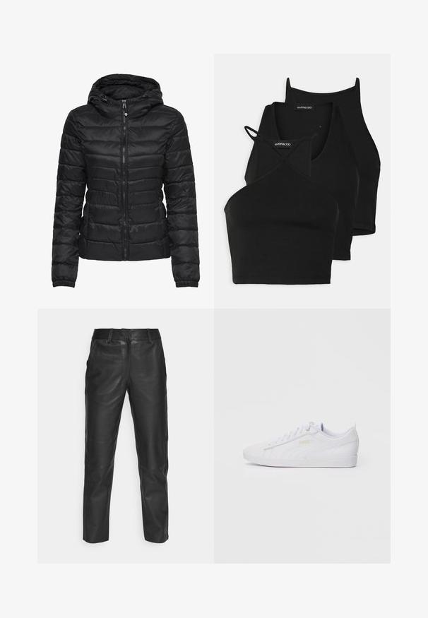 Crna puffer jakna s kapuljačom, s kvadratnim dezenom i zatvaračem. Mekani, sjajni materijal s elastičnim manžetama. Topla i lagana.; Crni skraćeni topovi od mekog, rastezljivog materijala s tankim trakama i dizajnom u obliku križa. Imaju zaobljeni izrez i bezšavnu obradu.; Crne kožne hlače s ravnim krojem, glatkom teksturom i petljama za remen. Nema vidljivih uzoraka ili detalja od hardvera.; Bijele niske Puma tenisice s vezanjem sprijeda, suptilnim brendingom sa strane i na đonu, te glatkim sintetičkim gornjim dijelom za svakodnevno nošenje.