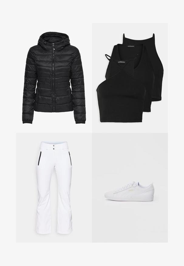 Črna puhafka s kapuco, s kvadratnim vzorcem in zadrgo. Mehka, sijoča tkanina z elastičnimi manšetami. Topla in lahka.; Črne kratke majice iz mehkega, raztegljivega materiala z dolgimi naramnicami in križnim dizajnom. Imajo zaobljen izrez in brezšivne zaključke.; Bele smučarske hlače z ozkimi nogavicami, dvema zadrgama na stranskih žepih v črni barvi in dvema kovinskima gumboma na pasu. Gladek, vodoodporen material.; Bela nizka Puma športna obutev z vezalkami spredaj, diskretnim logotipom na strani in podplatu ter gladkim sintetičnim zgornjim delom, primerna za vsakodnevno nošenje.