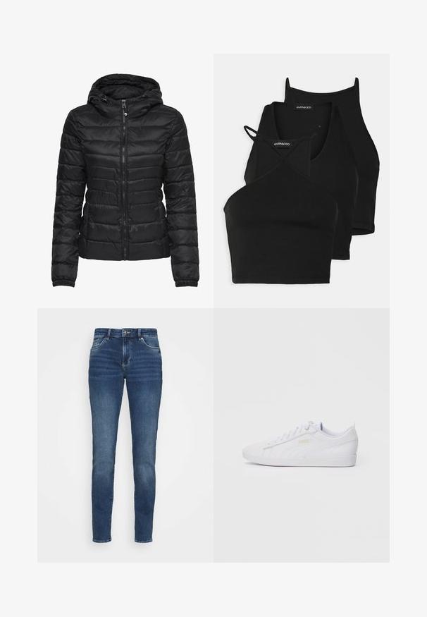 Juodas pūkinis švarkas su gobtuvu, su siuvinėjimo dizainu ir užtrauktuko uždarymu. Minkšta, blizgi medžiaga su elastiniais rankogaliais. Šiltas ir lengvas.; Juodi trumpi topai iš minkštos, tamprios medžiagos su plonomis petnešėlėmis ir kryžminiu dizainu. Savybės: apvalus iškirpimas ir be siūlių apdaila.; Tamsiai mėlyni džinsai su prigludusia forma, penkiomis kišenėmis, šviesiu išblukimu priekyje ir metaliniais aksesuarais ant diržo ir kišenių.; Balti žemų Puma sportbačių su raišteliais priekinėje dalyje, subtiliu prekės ženklo ženklu šone ir padais, bei lygiu sintetiniu viršumi, kurie skirti kasdieniam dėvėjimui.