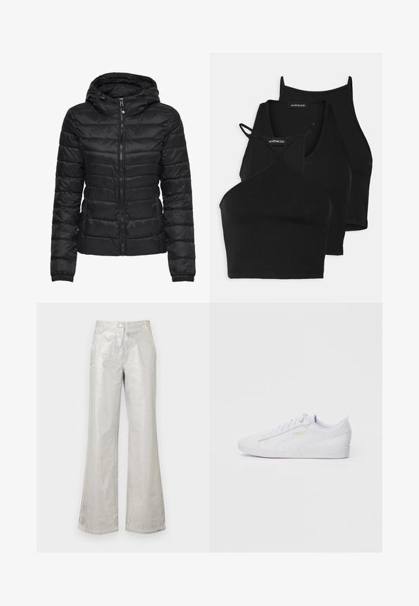 Must musta jope kapuutsiga, millel on tikandiga disain ja lukuga sulgemine. Pehme, läikiv kangas elastsete mansettidega. Soe ja kerge.; Mustad lühikesed topid pehmest, venivast kangast õhukeste rihmadega ja ristuvate elementidega. Omab ümarat kaelust ja õmblusteta viimistlust.; Hõbedased laiad püksid, mis on valmistatud läikivast materjalist, esise nupuga sulgemisega, kahe tasku ja nähtavate õmbluse detailidega.; Valged madalad Puma tossud, mis on varustatud nööridega esiosas, diskreetse brändingu ka külgedel ja tallal ning sujuva sünteetilise ülemise osaga igapäevaseks kandmiseks.