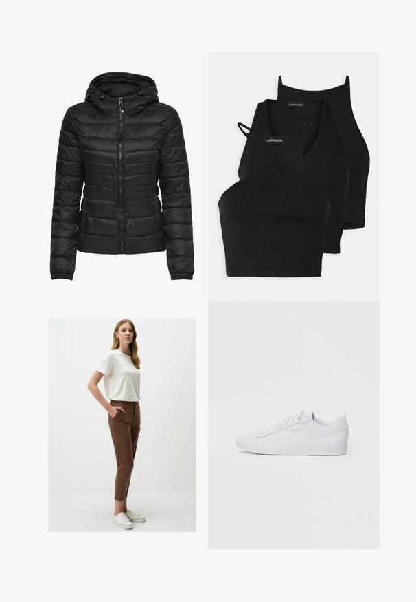 Schwarze Daunenjacke mit Kapuze, ausgestattet mit einem gesteppten Design und einem Reißverschluss. Weicher, glänzender Stoff mit elastischen Bündchen. Warm und leicht.; Schwarze, kurz geschnittene Tops aus weichem, dehnbarem Material mit dünnen Trägern und einem überkreuzten Design. Besitzt einen runden Ausschnitt und nahtlose Abschlüsse.; Weißes T-Shirt mit kurzen Ärmeln, kombiniert mit braunen, eng anliegenden Hosen mit seitlichen Taschen und einer glatten Textur, ergänzt durch weiße Turnschuhe.; Weiße low-top Puma Sneaker mit Schnürung, dezentem Branding an der Seite und Sohle sowie glattem synthetischen Obermaterial für den lässigen Gebrauch.