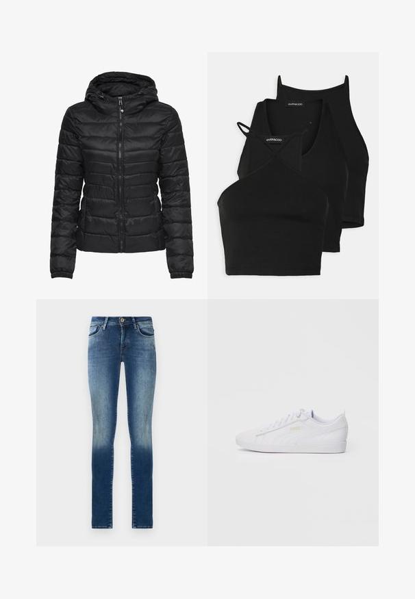 Crna puffer jakna s kapuljačom, s kvadratnim dezenom i zatvaračem. Mekani, sjajni materijal s elastičnim manžetama. Topla i lagana.; Crni skraćeni topovi od mekog, rastezljivog materijala s tankim trakama i dizajnom u obliku križa. Imaju zaobljeni izrez i bezšavnu obradu.; Uske traperice u uskom kroju, izrađene od denima, s srednje plavom bojom, postupnim izbljeđivanjem, pet džepova i zatvaranjem na dugme.; Bijele niske Puma tenisice s vezanjem sprijeda, suptilnim brendingom sa strane i na đonu, te glatkim sintetičkim gornjim dijelom za svakodnevno nošenje.