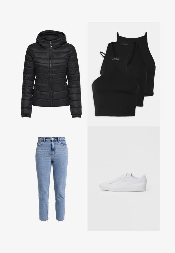 Čierna puffová bunda s kapucňou, s prešívaným dizajnom a zipsom. Mäkka, lesklá látka s elastickými manžetami. Teplá a ľahká.; Čierne skrátené tričká z mäkkého, elastického materiálu s tenkými ramienkami a prekríženým dizajnom. Obsahuje zaoblený výstrih a hladké zakončenie.; Svetlomodré vysoké džínsy z denimového materiálu, so strihom rovného nohavice, s roztrhnutým lemom a minimalistickým dizajnom bez ozdôb.; Biele nízkopriehnuté tenisky Puma s šnurovaním vpredu, decentným brandingom na boku a podošve a hladkým syntetickým zvrškom, ideálne na príležitostné nosenie.