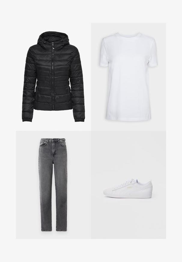 Casaco puffer preto com capuz, apresentando um design acolchoado e fecho de correr. Tecido macio e brilhante com punhos elásticos. Quente e leve.; T-shirt branca de manga curta feita de algodão. Design de gola redonda com uma textura suave e sem padrões ou detalhes visíveis. Estilo básico.; Jeans de cintura alta e perna reta em denim cinza escuro. Apresenta bolsos frontais, passantes para cinto e uma textura ligeiramente desbotada.; Sapatilha baixa branquíssima da Puma com atacadores na parte da frente, uma discreta marcação na lateral e na sola, e um cabedal liso em sintético para uso casual.