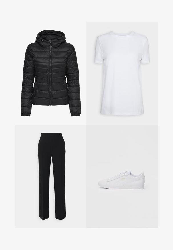Black puffer jacket with a hood, featuring a quilted design and zipper closure. Soft, shiny fabric with elastic cuffs. Warm and lightweight.; White short-sleeve t-shirt made of cotton. Crew neck design with a smooth texture and no visible patterns or accents. Basic style.; Black, straight-leg trousers with a smooth texture. Features a waistband and no visible patterns or accents. Classic and tailored design.; White low-top Puma sneaker with lace-up front, subtle branding on side and sole, and smooth synthetic upper for casual wear.
