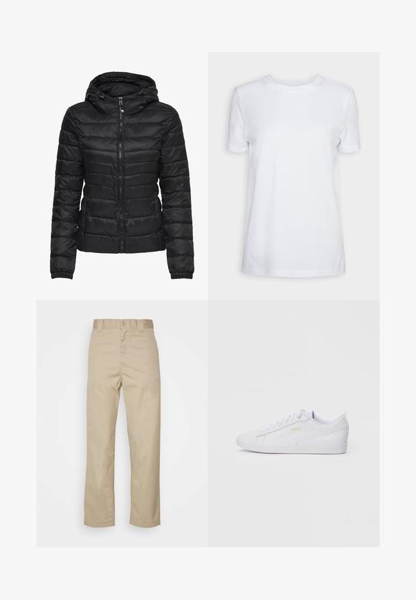 Doudoune noire avec capuche, présentant un design matelassé et une fermeture éclair. Tissu doux et brillant avec des poignets élastiques. Chaude et légère.; T-shirt blanc à manches courtes en coton. Design col rond avec une texture lisse et sans motifs ni accents visibles. Style basique.; Chino en coton beige avec une coupe droite, fermeture par bouton et passants de ceinture. Texture lisse sans motifs ni accents visibles.; Baskets Puma basses blanches avec un laçage à l'avant, un branding subtil sur le côté et la semelle, et une tige en synthétique lisse pour une tenue décontractée.