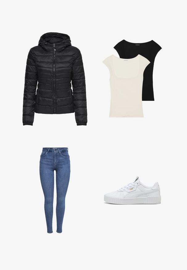 Melna pūka jaka ar kapuci, ar izšūtu dizainu un rāvējslēdzēju. Mīksta, spīdīga auduma ar elastīgām piedurknēm. Silta un viegla.; Divas divas ar īsām piedurknēm: viena melna un otra pelēka. Abām ir kvadrātveida dekoltē un ribota tekstūra, ar gludu apdari.; Zilas augstās jostas vietas šaurās bikses ar priekšējām kabatām, pogu, rāvējslēdzēja aizdari un jostu cilpiņām, izliktas uz baltā fona.; Baltas sporta apavi, kas izgatavoti no teksturētas sintētiskās ādas, ar biezu platformas zoli, šņorējamu dizainu, perforētiem elementiem un smalku zelta zīmola identifikāciju.