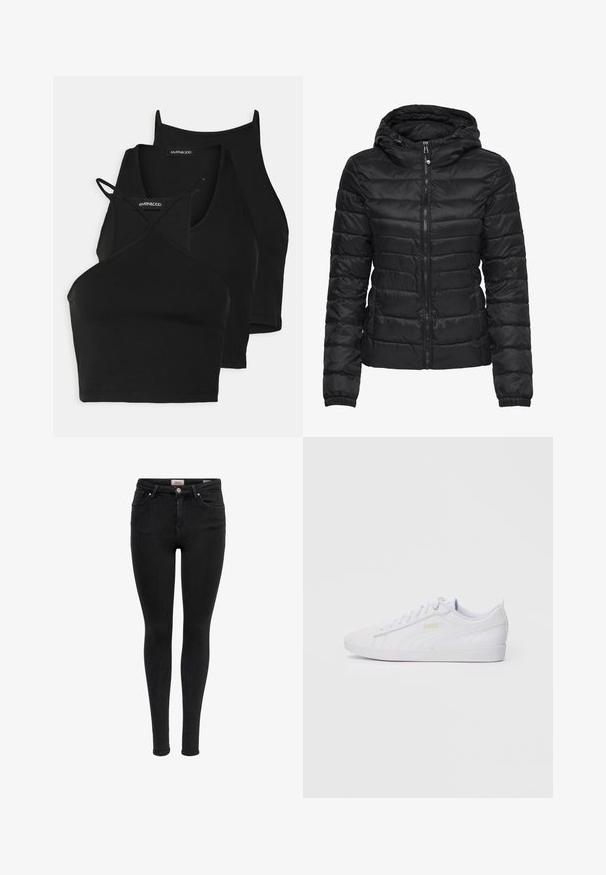 Black puffer jacket with a hood, featuring a quilted design and zipper closure. Soft, shiny fabric with elastic cuffs. Warm and lightweight.; Black cropped tops in soft, stretchy fabric with thin straps and a crisscross design. Features a rounded neckline and seamless finishing.; Black skinny jeans with front pockets, belt loops, and button closure, displayed against a white background.; White low-top Puma sneaker with lace-up front, subtle branding on side and sole, and smooth synthetic upper for casual wear.