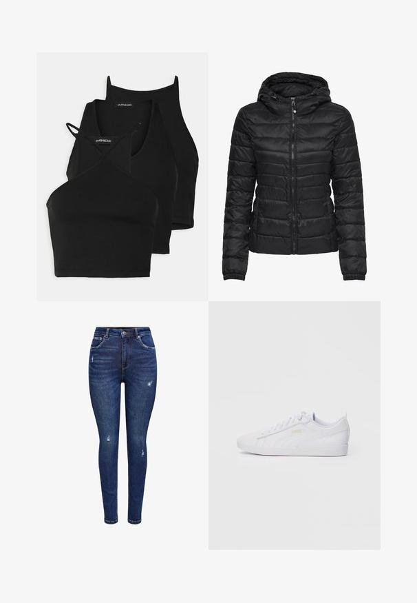 Sort pufferjakke med hætte, med quilted design og lynlås lukning. Blødt, skinnende stof med elastiske manchetter. Varm og let.; Sorte cropped tops i blødt, strækbart stof med tynde stropper og et krydset design. Har en rund halsudskæring og sømløs afslutning.; Mørkeblå skinny jeans med en falmet tekstur, der har slidte detaljer og traditionel stil, herunder frontlommer og knaplukning.; Hvide low-top Puma sneakers med snørebånd front, diskret branding på siden og sålen, samt en glat syntetisk overdel til hverdag.