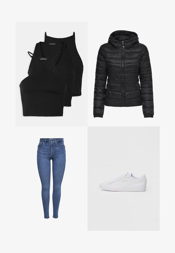 Schwarze Daunenjacke mit Kapuze, ausgestattet mit einem gesteppten Design und einem Reißverschluss. Weicher, glänzender Stoff mit elastischen Bündchen. Warm und leicht.; Schwarze, kurz geschnittene Tops aus weichem, dehnbarem Material mit dünnen Trägern und einem überkreuzten Design. Besitzt einen runden Ausschnitt und nahtlose Abschlüsse.; Blaue hochgeschnittene Skinny-Jeans mit frontalen Taschen, Knopf, Reißverschluss und Gürtelschlaufen, auf einem weißen Hintergrund präsentiert.; Weiße low-top Puma Sneaker mit Schnürung, dezentem Branding an der Seite und Sohle sowie glattem synthetischen Obermaterial für den lässigen Gebrauch.