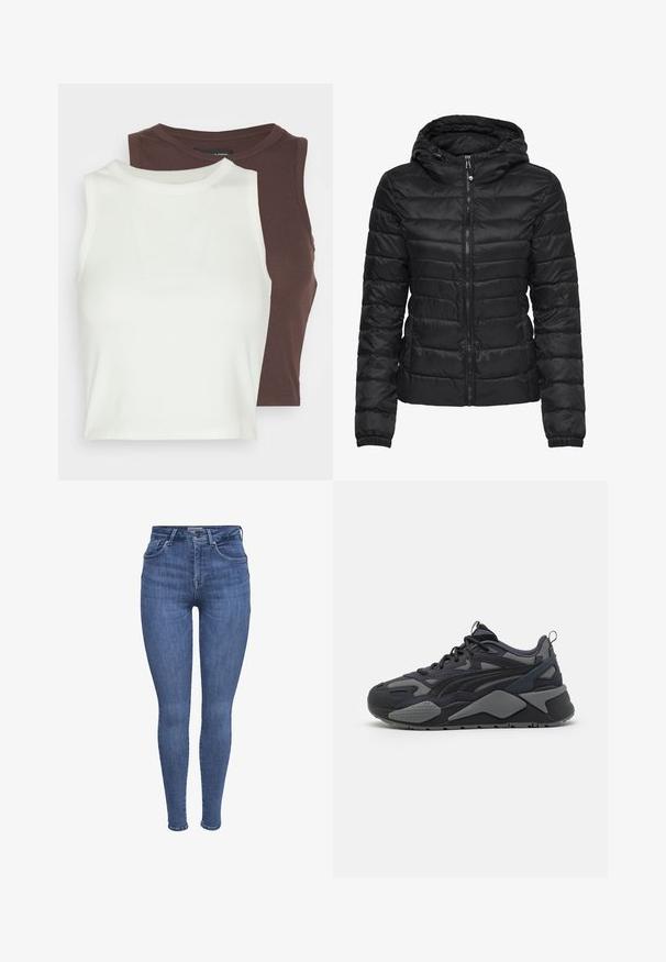 Černá péřová bunda s kapucí, s prošívaným vzorem a zapínáním na zip. Měkká, lesklá tkanina s elastickými manžetami. Teplá a lehká.; Dvě žebrované, bezrukávové topy v bílé a tmavě hnědé barvě. Oba mají vysoký výstřih a měkký, elastický materiál, ideální na vrstvení.; Modré skinny džíny s vysokým pasem, předními kapsami, zapínáním na knoflík a zip, a poutky na opasek, vystavené na bílém pozadí.; Černé sportovní tenisky s vrchní částí z textilu a síťoviny, se šedými akcenty, robustní podrážkou a výraznými designovými liniemi.