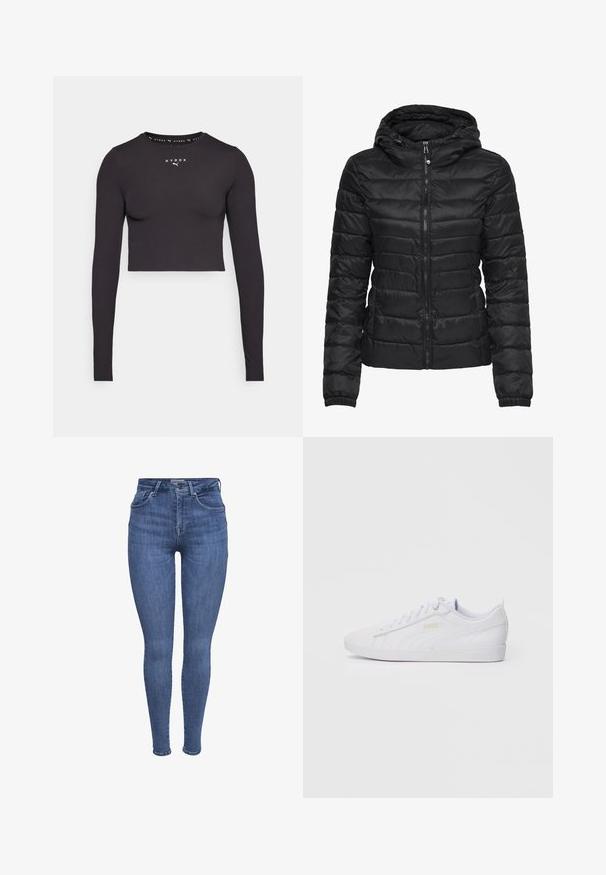 Black puffer jacket with a hood, featuring a quilted design and zipper closure. Soft, shiny fabric with elastic cuffs. Warm and lightweight.; Black cropped long-sleeve shirt made of stretch fabric. Features a round neckline and a centered white logo. Smooth texture, fitted shape.; Blue high-waist skinny jeans with front pockets, button, zipper closure, and belt loops, displayed on a white background.; White low-top Puma sneaker with lace-up front, subtle branding on side and sole, and smooth synthetic upper for casual wear.
