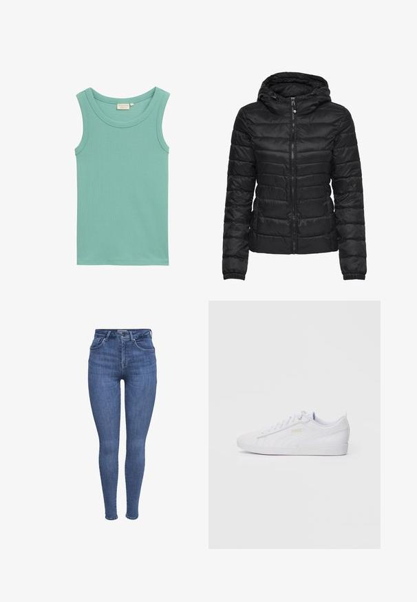 Černá péřová bunda s kapucí, s prošívaným vzorem a zapínáním na zip. Měkká, lesklá tkanina s elastickými manžetami. Teplá a lehká.; Svetle tyrkysový tílko vyrobené z žebrované bavlny, s kulatým výstřihem a bezrukávovým designem bez ozdob.; Modré skinny džíny s vysokým pasem, předními kapsami, zapínáním na knoflík a zip, a poutky na opasek, vystavené na bílém pozadí.; Bílé nízké tenisky Puma s šněrováním vpředu, jemným logem na boku a podrážce a hladkým syntetickým svrškem pro volnočasové nošení.
