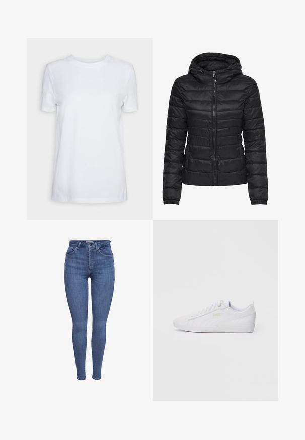 Sort pufferjakke med hætte, med quilted design og lynlås lukning. Blødt, skinnende stof med elastiske manchetter. Varm og let.; Hvid kortærmet t-shirt lavet af bomuld. Rund hals design med en glat tekstur og uden synlige mønstre eller accenter. Basic stil.; Blå højtaljede skinny jeans med forlommer, knap, lynlåslukning og bæltestropper, præsenteret på en hvid baggrund.; Hvide low-top Puma sneakers med snørebånd front, diskret branding på siden og sålen, samt en glat syntetisk overdel til hverdag.