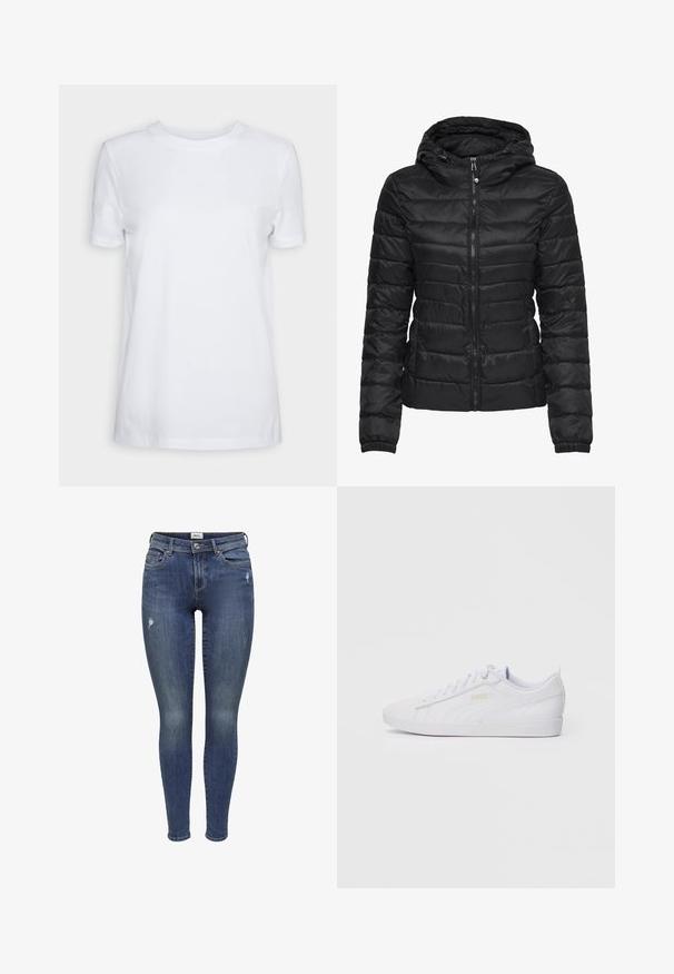 Black puffer jacket with a hood, featuring a quilted design and zipper closure. Soft, shiny fabric with elastic cuffs. Warm and lightweight.; White short-sleeve t-shirt made of cotton. Crew neck design with a smooth texture and no visible patterns or accents. Basic style.; Skinny-fit denim jeans in dark blue with distressed patches, five-pocket design, and button-fly closure. Made of cotton blend fabric.; White low-top Puma sneaker with lace-up front, subtle branding on side and sole, and smooth synthetic upper for casual wear.