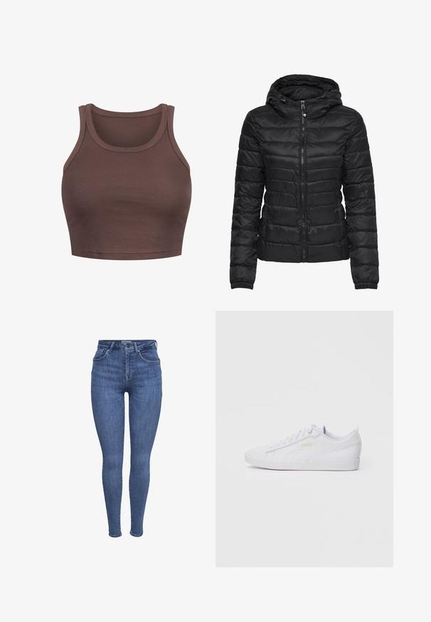 Chaqueta de plumas negra con capucha, con un diseño acolchado y cierre de cremallera. Tejido suave y brillante con puños elásticos. Cálida y ligera.; Top corto de canalé marrón con cuello redondo y tirantes anchos. La tela parece suave y tiene una textura sutil.; Jeans skinny de tiro alto en color azul, con bolsillos frontales, cierre de botón y cremallera, y pasadores para cinturón, exhibidos sobre un fondo blanco.; Zapatilla baja blanca de Puma con cierre de cordones en la parte delantera, un logo sutil en el lado y la suela, y una parte superior de material sintético suave para uso casual.