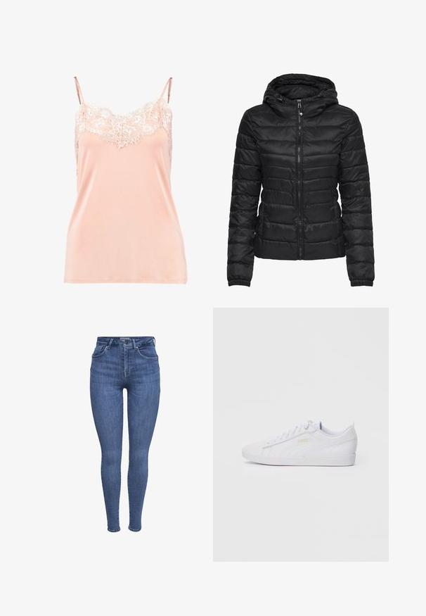 Czarna kurtka puchowa z kapturem, z pikowanym wzorem i zapięciem na zamek. Miękki, błyszczący materiał z elastycznymi mankietami. Ciepła i lekka.; Brzoskwiniowa koszulka na ramiączkach z regulowanymi paskami, z koronkowym wykończeniem przy dekolcie. Gładki materiał, miękka faktura i luźny krój.; Niebieskie, dopasowane jeansy z wysokim stanem, z przednimi kieszeniami, zapięciem na guziki i suwak oraz szlufkami na pasek, wyeksponowane na białym tle.; Białe niskie trampki Puma z zapięciem na sznurowadła, subtelnym logo po bokach oraz podeszwą, a także gładką syntetyczną cholewką, idealne do codziennych stylizacji.