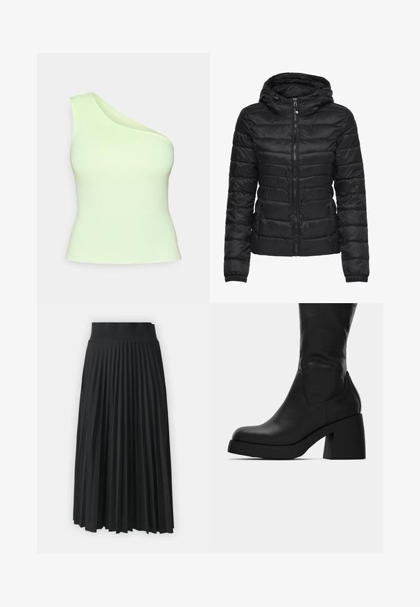 Zwarte pufferjack met een capuchon, met een gestikt ontwerp en ritssluiting. Zacht, glanzend stof met elastische manchetten. Warm en licht van gewicht.; Asymmetrische top met één schouder in lichtgroene stof, aansluitend ontwerp met een gladde textuur, zonder versieringen of patronen.; Zwarte geplooide rok met een brede tailleband, gekenmerkt door uniforme verticale plooien. Soepele textuur met een vloeiend ontwerp.; Zwarte leren laars tot halverwege de kuit met een dikke blokhak en een ronde neus, getoond in zijaanzicht op een witte achtergrond.