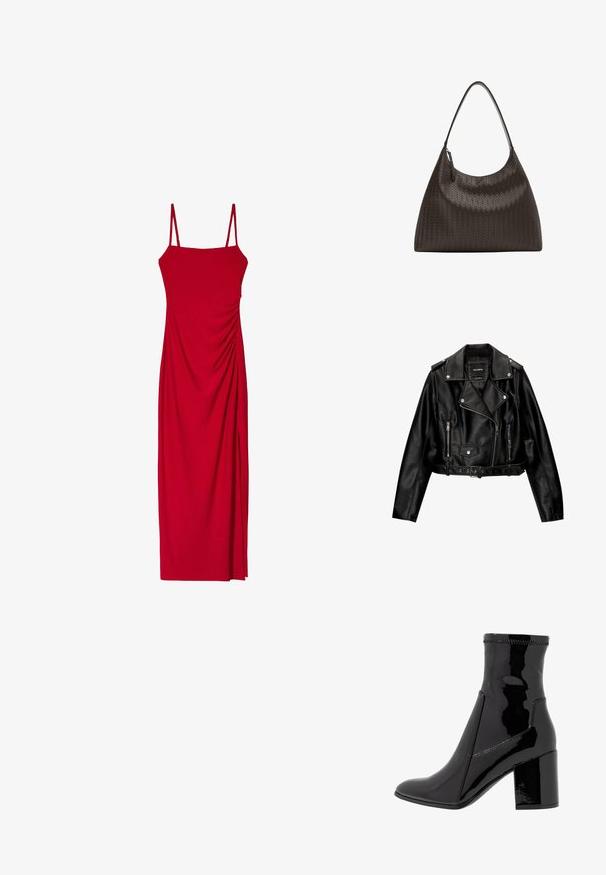 Fekete bőr rövidített motoros dzseki, amely jellemzője a kihajtható gallér, ezüst színű fémalkatrészek, cipzáras zsebek és övvel ellátott derék.; Piros, ujjatlan ruha, spagettipántokkal, amely testhez simuló sziluettel és oldalán redőzött részletekkel rendelkezik a textúra és a vizuális érdekesség érdekében.; Fekete lakk bokacsizma sima felülettel, hegyes orral és struktúrált tömbsarkal. Cipzár nélküli kialakítással és kontrasztos varrással rendelkezik.; Szövött sötétbarna bőrtáska ívelt, széles pánttal és sima textúrával. Cipzáras záródással és tágas, strukturált formával rendelkezik.