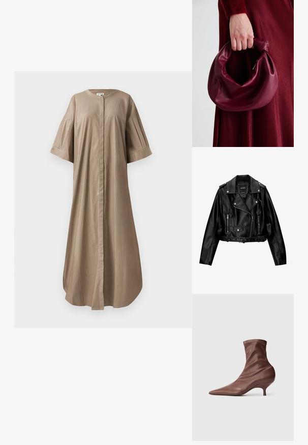 Schwarze Leder-Cropped-Bikerjacke mit Reverskragen, silberner Hardware, Reißverschlusstaschen und tailliertem Gürtel.; Beige Midi-Kleid aus Baumwolle mit rundem Halsausschnitt, kurzen weiten Ärmeln und einer Knopfleiste vorne. Glatte Textur und lockere Passform.; Braune Ankle-Boots mit spitzem Zehenbereich, mittelhohem Kitten Heel und weichem, glattem Lederoberteil vor einem hellen Hintergrund.; Burgunderleder-Handtasche mit einem weichen, gerafften Design und einer gerundeten Form. Der Griff ist gesichert und zeigt eine glatte Textur.
