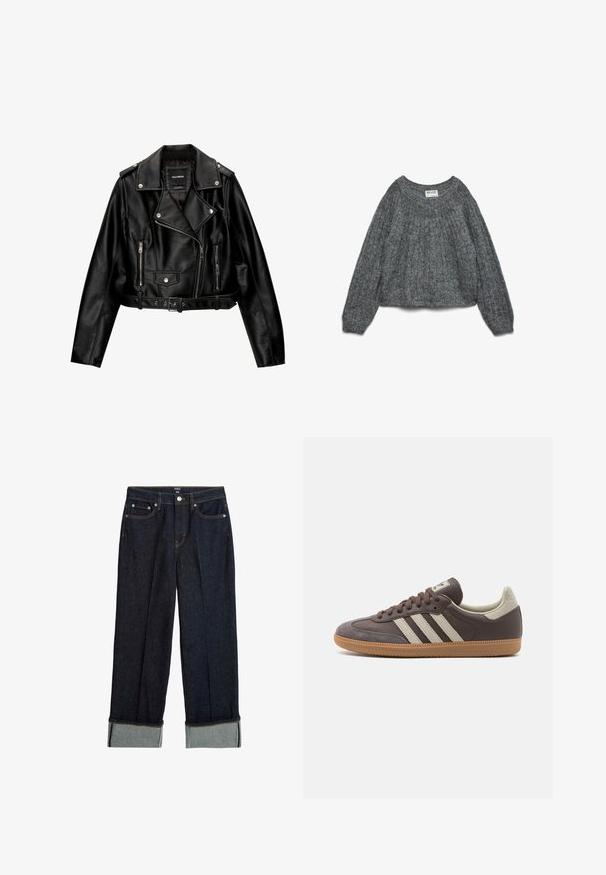 Černá kožená zkrácená motorkářská bunda s výstřihem, stříbrnými kovovými doplňky, zipovými kapsami a opaskem v pase.; Šedý pletený svetr s volnými dlouhými rukávy, kulatým výstřihem a žebrovanou texturou. Štítek nese nápis "AWARE." Zkrácená délka.; Tmavě modré široké džíny s ohrnutým lemem, s oranžovým prošitím a klasickým pětikapesním designem. Vyrobeno z džínoviny.; Hnědé kožené tenisky se třemi světlými pruhy, gumovou podrážkou, zaoblenou špičkou a texturovanými semišovými detaily na patě a špičce.