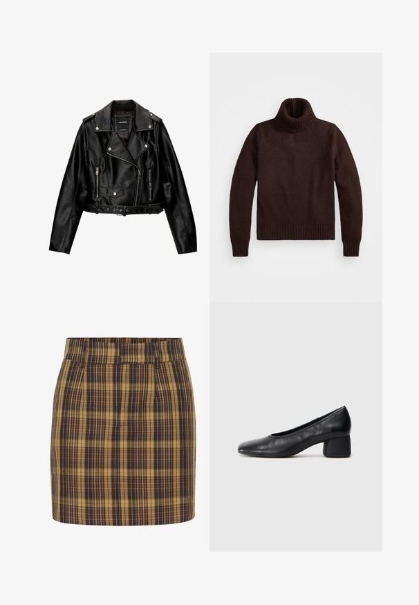 Musta nahkainen lyhyt moottoripyörätakki, jossa on lovellinen kaulus, hopeanväriset yksityiskohdat, vetoketjulliset taskut ja vyötärölle sidottava vyö.; Ruskea, paksu neulepusero, jossa on korkea kaulus ja ribbireunat. Ominaisuuksiin kuuluu pitkät hihat ja rento istuvuus, valmistettu pehmeästä tekstiilimateriaalista.; Ruudullinen mini-hame, keltainen ja tummansininen. Ominaisuuksiin kuuluu korkea vyötärö, tasainen etuosa ja sivutaskut, valmistettu teksturoidusta kankaasta, jolla on rakenteellinen muoto.; Mustat nahka avokkaat, joissa on pyöristetty kärki ja keskipitkä lohko korko. Sileä pinta, jossa on minimaalinen yksityiskohtaisuus, ja siinä on hillitty elastinen aukko.