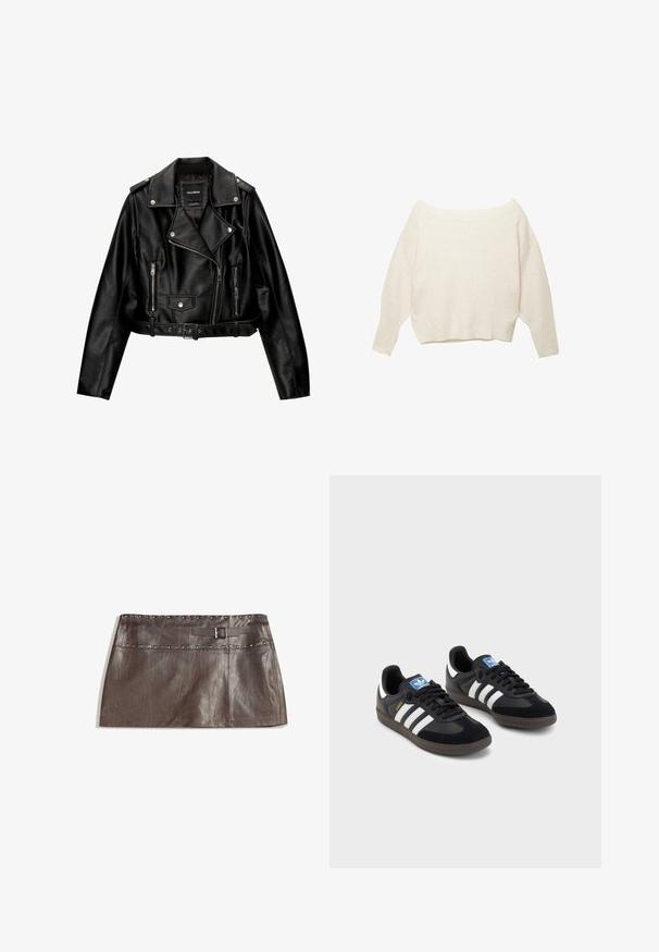Veste de motard en cuir noir, courte, avec un col cranté, des éléments en métal argenté, des poches zippées et une taille ceinturée.; Pull crème au décolleté bardot avec ourlet côtelé et manches longues et larges. Texture douce, coupe décontractée. Design simple et minimal.; Jupe mini en cuir marron avec une taille studded et une passant de ceinture avec boucle, texture lisse et design épuré et droit.; Des baskets noires avec une tige en suède et en matériaux synthétiques, dotées de trois rayures blanches, d'une semelle en caoutchouc texturé et d'une étiquette de logo bleue sur la languette.