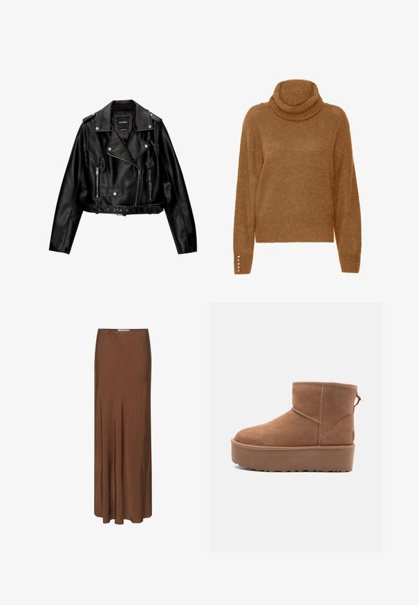 Svart läderkort motorcykeljacka med snedkrage, silverdetaljer, dragkedjefickor och bälte i midjan.; Brun polotröja med en mjuk, texturerad yta och långa ärmar. Har pärlliknande detaljer på ärmsluten.; Lång brun kjol i mjukt tyg. Har en åtsittande midja, subtila veck och en logotypdetalj framtill. Golvlång design.; Tan mockasköna med plattformssula, rund tå och broderade detaljer; har en dragflik baktill för enkel påtagning.