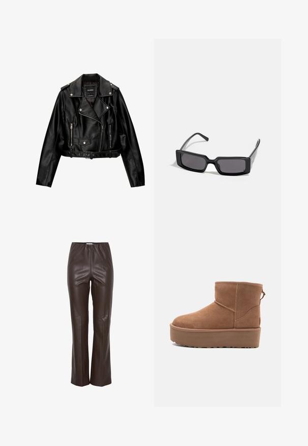 Black leather cropped biker jacket featuring a notched collar, silver hardware, zippered pockets, and a belted waist.; Brown turtleneck sweater with a soft, textured finish and long sleeves. Features pearl-like accents on the cuffs.; Brown faux leather trousers with a smooth texture, elastic waistband, and a fitted design that flares slightly at the ankles.; Tan suede ankle boot with a platform sole, rounded toe, and stitching accents; features a pull tab at the back for easy wear.; Black sunglasses with a rectangular frame, dark lenses, and smooth glossy finish. Features thin temples with subtle branding on the side.