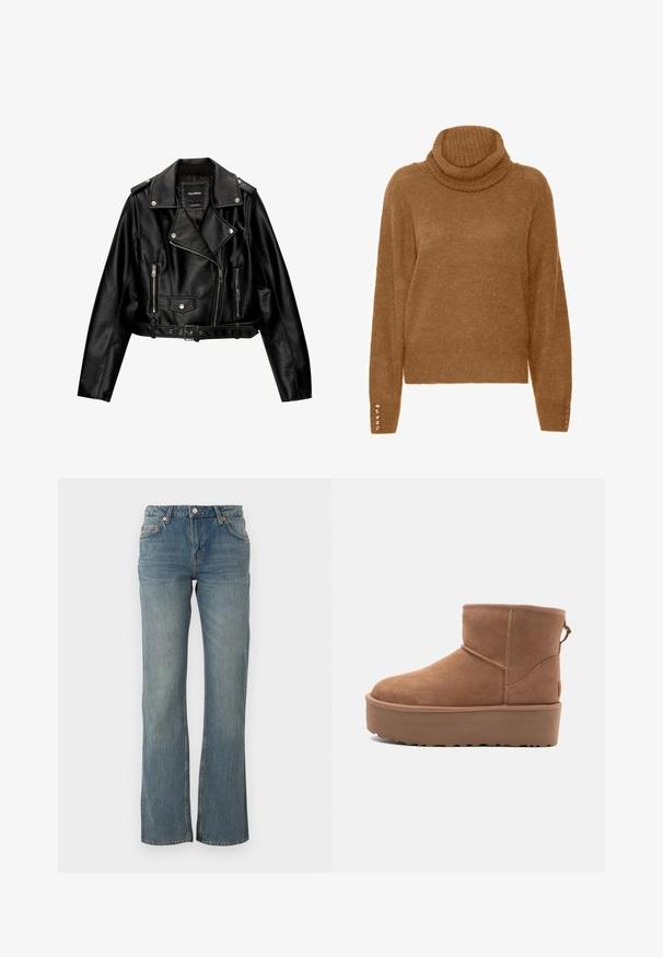 Jachetă de motociclist scurtă din piele neagră, cu guler cu revere, accesorii din metal argintiu, buzunare cu fermoar și talie cu curea.; Pulover căptușit de culoare maro, cu un finisaj moale și texturat și mâneci lungi. Prezintă accente perle pe manșete.; Jeans din denim albastru deschis au o croială dreaptă, un design cu cinci buzunare și accente din metal cupru. Tesătura are un finisaj ușor texturat.; Botine din suede de culoare bej, cu talpă platformă, vârf rotund și detalii de cusătură; dispune de un mânere la spate pentru a fi ușor de încălțat.