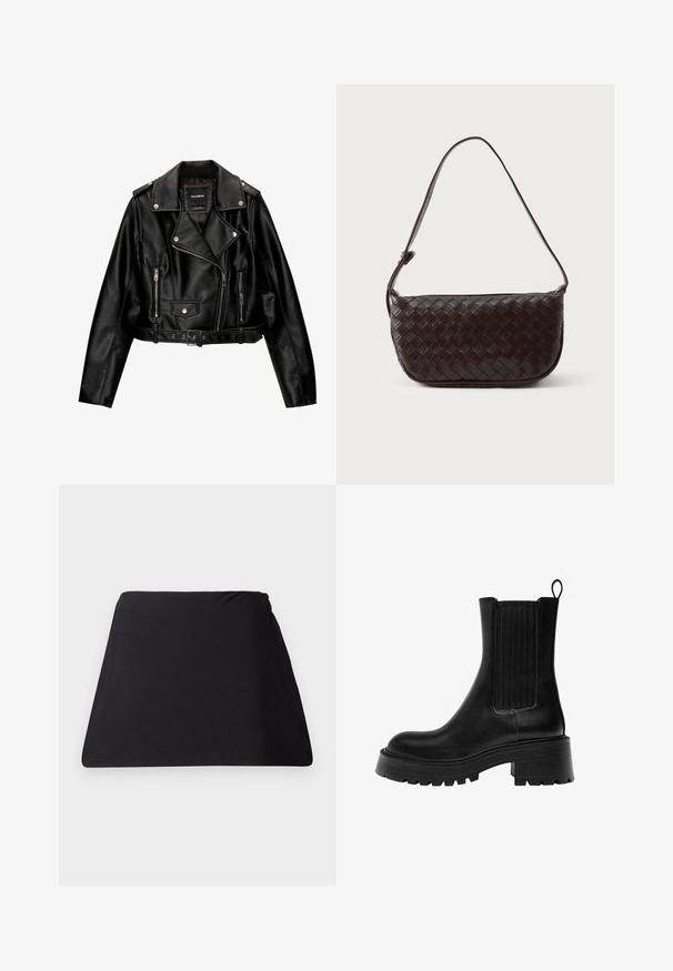 Černá kožená zkrácená motorkářská bunda s výstřihem, stříbrnými kovovými doplňky, zipovými kapsami a opaskem v pase.; Krémový svetr s klasickým kulatým výstřihem, ribovanými manžetami a lemem, a měkkou texturou. Lehce materiál s hladkým povrchem.; Černý tvarovaný látkový potah s hladkou texturou, bez námětů a viditelného hardwaru. Jednoduchý tvar vhodný pro různé použití.; Černé kožené kotníkové boty s robustní podrážkou, strukturovanými bočními panely a poutkem na stažení. Mají hladký povrch a zaoblenou špičku.; Tkaná kožená taška přes rameno ve tmavě hnědé barvě s prohnutým tvarem, nastavitelným popruhem a hladkým povrchem. Kompaktní design bez viditelného kování.