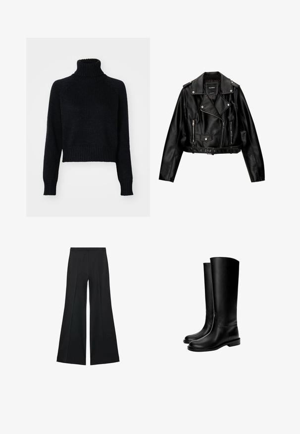 Crna kožna skraćena biker jakna srezanog ovratnika, srebrnim detaljima, džepovima na zip i remenom u struku.; Tamni pleteni dukserica s visokom ovratnikom i skraćenim dizajnom, s rebrastim manžetama i donjim rubom, te teksturiranom tkaninom kroz cijeli odjevni predmet.; Crne široke hlače s glatkom teksturom, koje imaju prednje nabore i kroj po mjeri. Tkanina je lagana i lepršava.; Crne kožne čizme do koljena s glatkom teksturom, okruglim vrhom, ravnim potplatom i minimalističkim dizajnom, s šivenim šavovima i bez vidljivih dijelova.