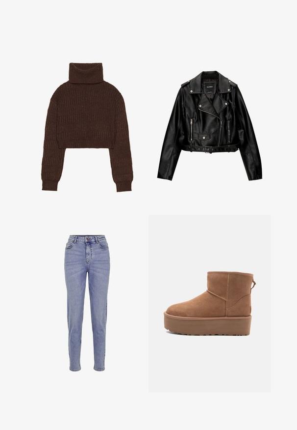 Schwarze Leder-Cropped-Bikerjacke mit Reverskragen, silberner Hardware, Reißverschlusstaschen und tailliertem Gürtel.; Even&Odd Strickpullover - brown; Hellblaue High-Waist-Jeans aus Denim, mit einem Reißverschluss und Knopfverschluss, fünf Taschen und geradem Bein.; Beige Wildleder-Ankle-Boot mit Plateausohle, abgerundetem Zehenbereich und abgesteppten Akzenten; verfügt über eine Zuglasche hinten für einfaches An- und Ausziehen.