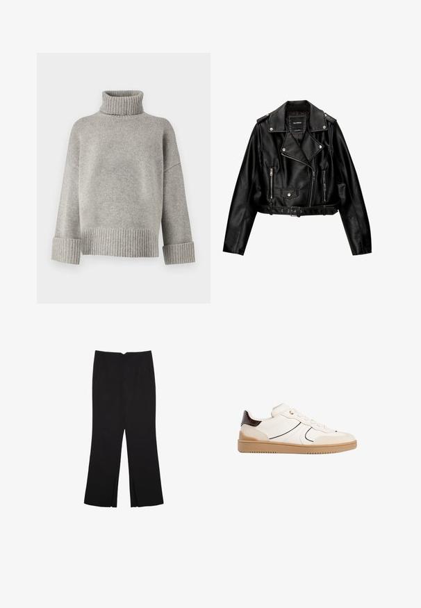 Giubotto da biker cropped in pelle nera con colletto a punta, hardware argentato, tasche con zip e vita con cintura.; Maglione grigio a collo alto realizzato in morbido tessuto a maglia con polsini e orlo a coste. Presenta una vestibilità rilassata e un colletto strutturato.; Pantaloni neri a gamba dritta, con tasche frontali e spacchi laterali all'orlo. Realizzati in tessuto morbido e liscio. Adatti a diverse occasioni.; Stradivarius Sneakers basse - white