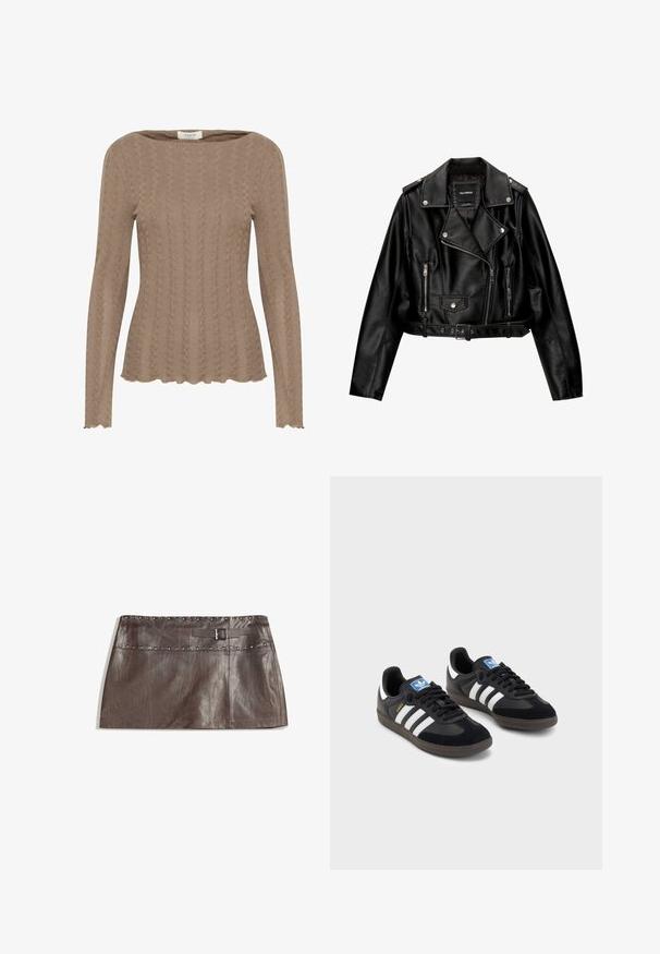 Czarna skórzana kurtka motocyklowa o kroju cropped, z wyciętą kołnierz, srebrnymi dodatkami, zamykanymi kieszeniami oraz paskiem w talii.; Brązowy dzianinowy top z długim rękawem, ozdobiony wzorem w warkocze, z dekoltem w łódkę i falbanym wykończeniem. Miękka, teksturowana tkanina.; Brązowa skórzana mini spódnica z przeszywaną talią i pętelką na pasek z klamrą, gładką fakturą oraz prostym, eleganckim krojem.; Czarne sneakersy z zamszową i syntetyczną cholewką, wyposażone w trzy białe paski, teksturowaną gumową podeszwę oraz niebieską metkę z logo na języku.